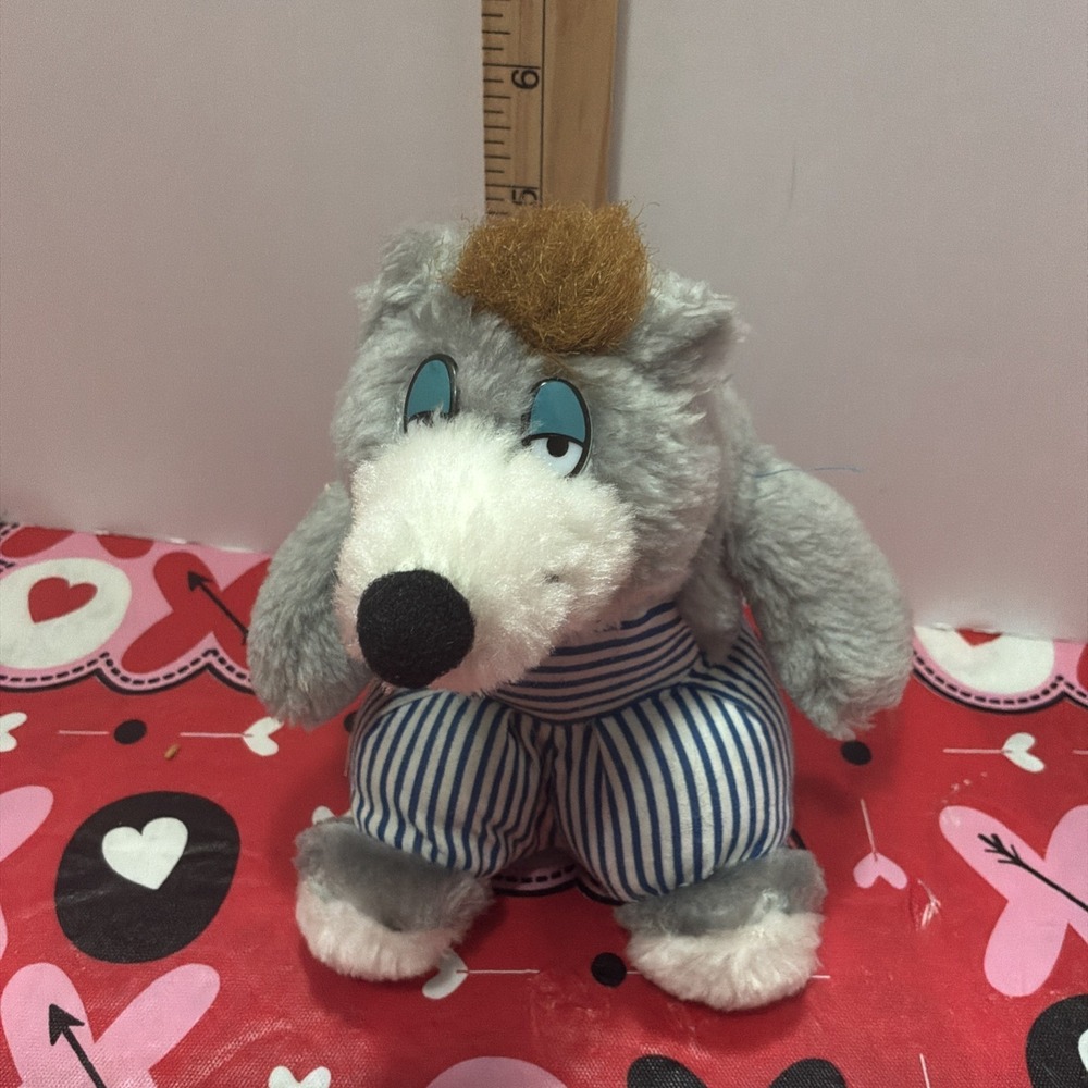circus circus plush Bear? Wolf ? In Railroad Stripe Overalls Vintage